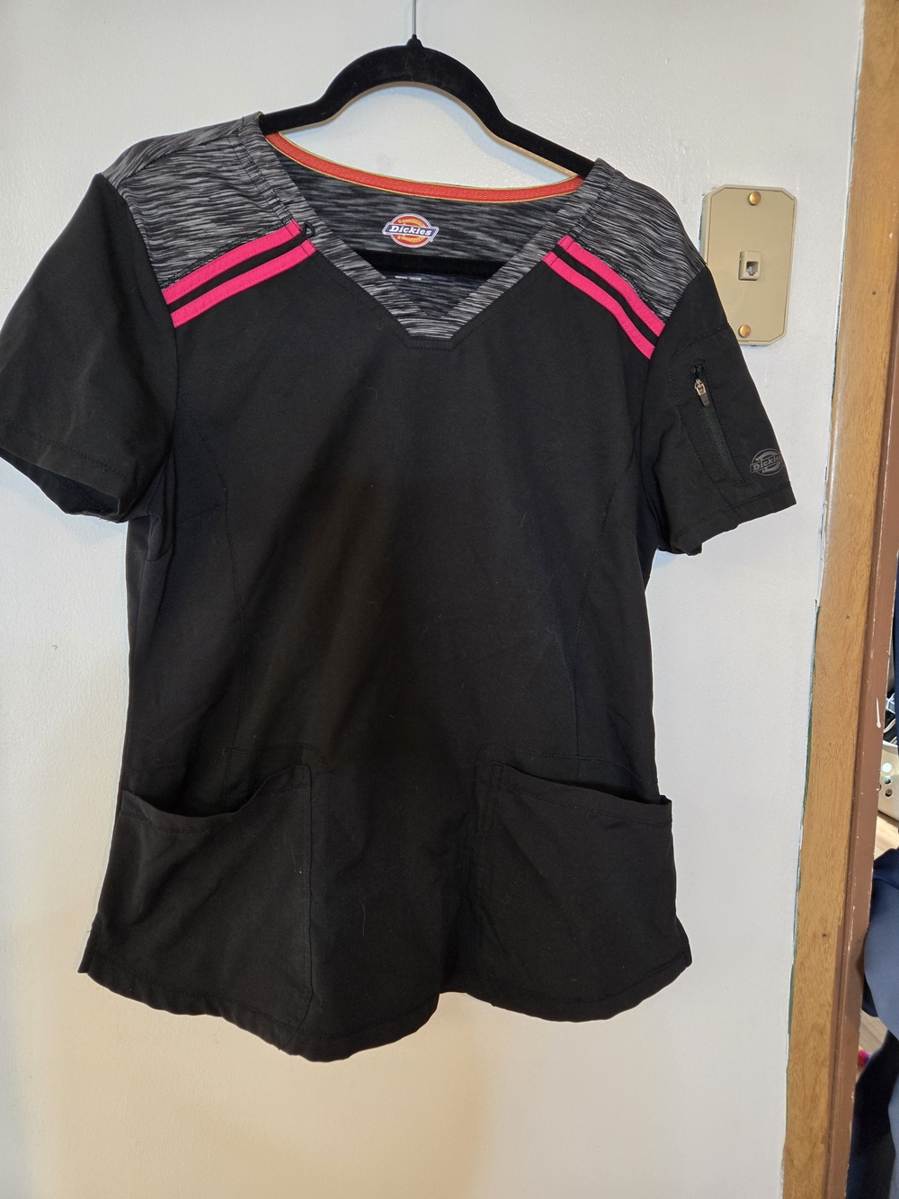 Dickies Black Scrub Top with Pink Shoulder Stripes X's2